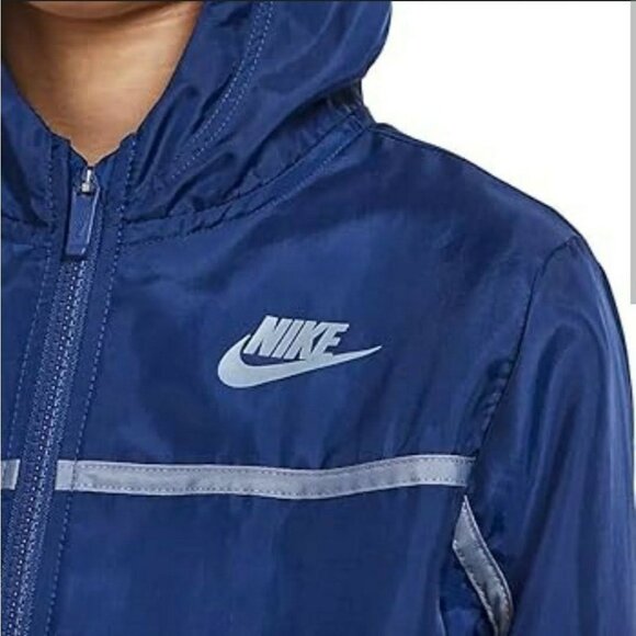 Nike Boys XL Hooded Windbreaker Blue Lightweight Jacket Sporty Reflective Stripe - Picture 1 of 6